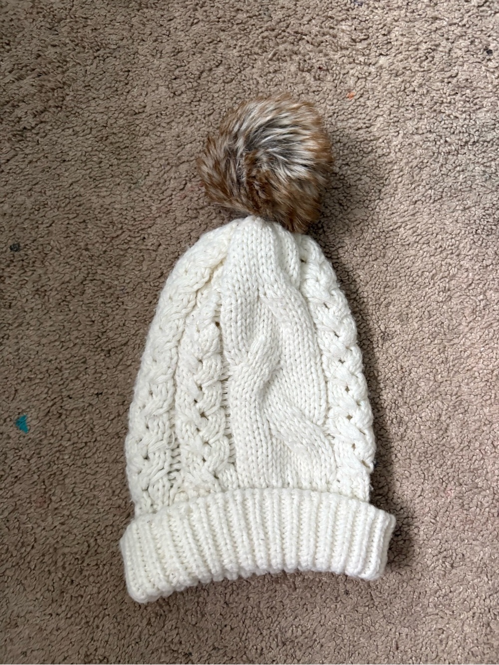 Superdry Cream Beanie with Faux-Fur Pom - One Size